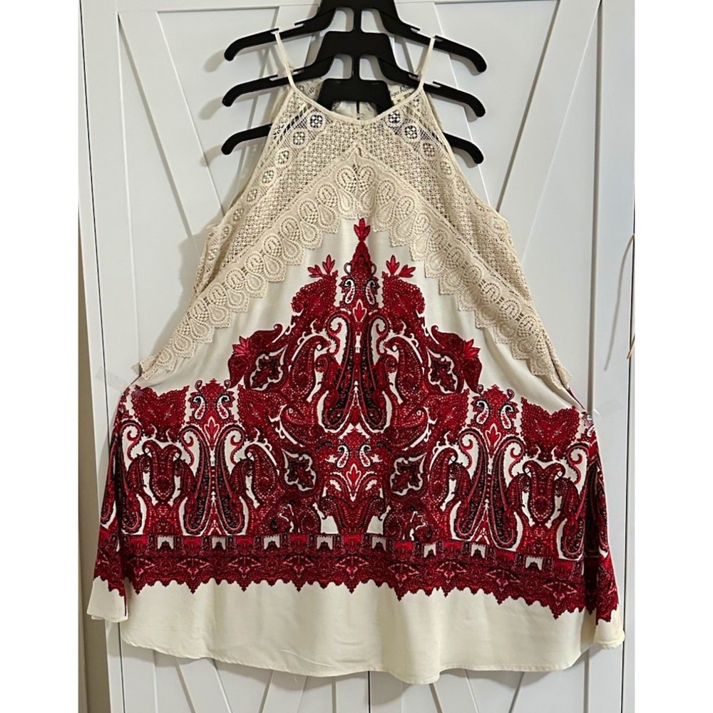 Women's Ivory/Red Paisley Lace High Neck Sleeveless A-Line Mini Dress S